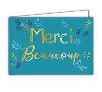 Afie 69-5128 MERCI - Tarjeta de oro brillante con diseño de hojas de árbol, ramas brindilles color azul pato con sobre, formato tarjeta cerrada 17 x 11,5 cm