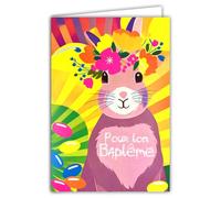 AFIE 69-8137 Tarjeta FLUO Felicitaciones por tu bautismo religioso cristiano o laico grageas coloridas conejo lindo corona de flores rayón de sol - con sobres de 12 x 17,5 cm - Creado y fabricado en