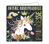 Afie Tarjeta cuadrada dorada para cumpleaños de princesa, unicornio, arco iris, corona de flores