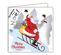 Afie Tarjeta cuadrada feliz Papá Noel plateado brillante con sobre blanco, 15 x 15 cm - Campana de entrega regalos bosque abetos pájaros rojo garganta 25 de diciembre Fiestas fin de año invierno -