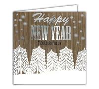 Afie Tarjeta cuadrada Happy New Year mejores deseos plateados brillantes con sobres blancos de 15 x 15 cm, diseño de árboles de Navidad de copos de nieve de invierno, fabricado en Francia
