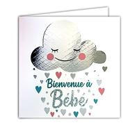 AFIE - Tarjeta cuadrada plateada para bebé mixta y niña, felicitaciones nacimiento corazones nube