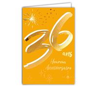 Afie Tarjeta de cumpleaños de 36 años, oro brillante con textura texturizada, para hombre y mujer, texto colorido adaptado a la edad en el interior, sobre incluido - Fabricado en Francia