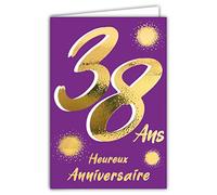 Afie Tarjeta de cumpleaños de 38 años, oro brillante con textura texturizada, para hombre y mujer, texto colorido adaptado a la edad en el interior, sobre incluido - Fabricado en Francia