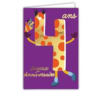 Afie Tarjeta de cumpleaños de 4 años de oro brillante con relieve texturizado, para niños y niñas, texto colorido adaptado a la edad en el interior, sobre incluido - Fabricado en Francia
