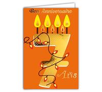 Afie Tarjeta de cumpleaños de 7 años de oro brillante con relieve texturizado, para niños y niñas, texto colorido adaptado a la edad en el interior, incluye sobre - Fabricado en Francia - Coloralges