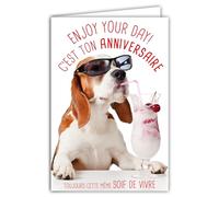 AFIE - Tarjeta de felicitación de cumpleaños con sobres ilustrados, formato 17,5 x 12 cm, diseño de perro divertido con gafas de sol y helado de cerezas, diseño francés 69-6208