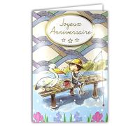 AFIE - Tarjeta de felicitación de cumpleaños, dorado brillante, pequeño niño, joven pescador, caña de pescar, sombrero pajita, pájaro, pelícano, pontón, madera, lago río, agua dulce, cubo flotador