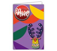 AFIE - Tarjeta de felicitación navideña con texto brillante, 12 x 17,5 cm, cabeza ciervo reno, madera decorada, ilustración geométrica, mejores deseos festivos, fin de año