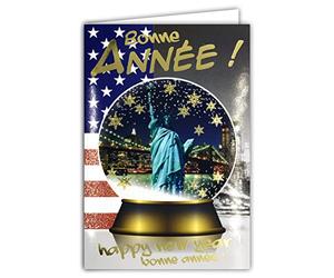 AFIE Tarjeta de lentejuelas Feliz Año Nuevo Feliz Año Nuevo en Oro Dorado con Sobre Mejores Deseos Bola de Nieve Copos Nueva York NYC USA United States of America Estatua Libertad Monumento Bandera