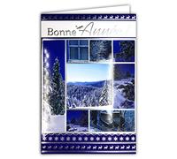 Afie Tarjeta Feliz Año Nuevo Mejores Deseos Plata con Sobre Naturaleza en Invierno bajo la Nieve Copos Bosque Abetos Navidad Paisaje Montaña Pájaro Ciervo Barcos Agua Azul Jalea Deseos 61-4053-B BA