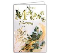 Afie Tarjeta feliz, de oro dorado brillante brillante brillante y brillante, fabricada en Francia. Estilo bohemio, elegante, flores secas de eucalipto graminadas