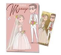 Afie Tarjeta feliz, para boda, con marcapáginas en oro dorado brillante, diseño de pareja casada con flores boho y bohemia, elegante, color rosa tendre - Fabricado en Francia