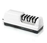 Afilador de cuchillos eléctrico MusyVocay con afilado de diamante 100%, afilador de cuchillos de cocina profesional de 3 etapas y 20 grados con guía de ángulo de precisión (Blanco)