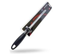 Afilador de Cuchillos Profesional de Acero Inoxidable - Barra Afiladora de Cuchillos Cocina, Ovalada Cromada, Mango Ergonómico Negro, 32 cm de Longitud
