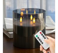 AFINETH Velas extra grandes sin llama con 3 mechas, velas de vidrio de 6 x 6 pulgadas con control remoto, velas LED parpadeantes de cera real para el hogar, boda, fiesta, color gris