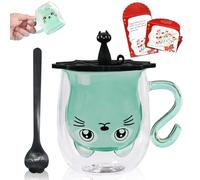 Afitdon Dulce taza de gato de doble pared, diseño de gatos con tarjeta de bendición, cuchara y tapa de vaso, regalo para amantes de los gatos, 280 ml, para capuchino, latte macchiato, té, helado y