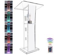 Afitdon Podio acrílico, Atril de acrílico Transparente con Estante de Almacenamiento, púlpito de la Iglesia con luz LED de 15 Colores, Soporte de podio de Estabilidad para Iglesia, conferencias