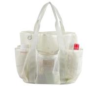 AfitLulu 8 Bolsillos Malla Bolsa de Playa para Mujer Grande, Bolsa de Ducha de Malla Bolsa de Baño XXL Familia con Mosquetón y Gancho Desmontable, Beach Bag para la Playa, Compras, Natación (Blanco)