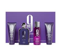 Afnan 9 PM Pour Femme Set de regalo de perfume de lujo - Eau De Parfum (3.4 Oz) Gel de ducha (3.4 Oz) Body Mist (5.0 Oz) Loci n corporal (3.4 Oz)