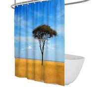 África Naturaleza Cortina de Ducha de baño Cielo Azul Árbol Solitario y césped Cortina de Ducha en Campo Minimalismo Moderno Cortinas de baño Lavables W120xL200 cm
