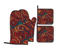 African Ethnic and Tribal Motifs Oven Mitts and Pot Holders 4 Pcs Set,High Heat Resistant 500 Degree Extra Thicken Long Kitchen Cotton Oven Glove for Cooking