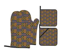 African Kente Tribal Print Oven Mitts and Pot Holders 4 Pcs Set,High Heat Resistant 500 Degree Extra Thicken Long Kitchen Cotton Oven Glove for Cooking