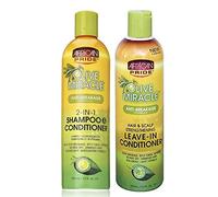 African Pride Olive Miracle Champú y Acondicionador 2 en 1 Anti-rotura 355 ml y Acondicionador sin Enjuague 355 ml DUO Pack con Hierbas y Aceites Naturales