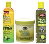 African Pride Olive Miracle Juego de tratamiento antirrotura, champú y acondicionador 2 en 1, acondicionador sin aclarado y aceite para fortalecer el crecimiento