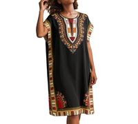 African Print Kaftan Dress Long Maxi Polyester Plus Size Casual Kimono Night(Black)