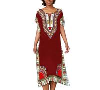 African Print Kaftan Dress Long Maxi Polyester Plus Size Casual Kimono Night(Wine Red)