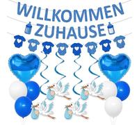 Afritee Bienvenido a la casa decoración del bebé, azul bienvenida cigüeña nacimiento para guirnalda al aire libre pancarta globos set, bienvenido hogar bebé para baby shower fiestas familiares