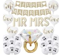 Afritee Just Married, 32 piezas de decoración de boda, 2 guirnaldas de lino Just Married, 18 globos redondos, 2 globos de señora, 10 globos Love Diamond Mr Mrs Designs para bodas