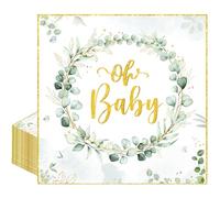 Afritee Oh Baby Bautizo Servilletas para fiesta de bebé, 20 unidades, eucalipto, servilletas decorativas para niños y niñas, color verde salvia, baby shower, género Reveal, servilletas de papel