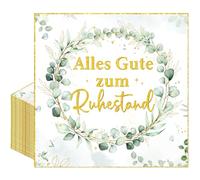 Afritee Servilletas decorativas de pensión, 40 unidades, color verde eucalipto, texto en alemán "Alles Gute zum Ruhestand Für Mann Frauhestand für Pensionung Tischdeko Papier-Servilletetten Jubilación