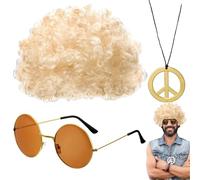 Afro Wig - Gafas de sol para hombre, conjunto de accesorios de disfraz hippie retro, kit de disfraz retro de hip hop, lentes de sol discoteca dorados, accesorios de discoteca para hombre de los años 7