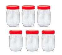 AFSUK Paquete de 6 tarros redondos de plástico de 300 ml con tapas de rosca, herméticos, color rojo, sin BPA, para cocina, hierbas, especias, dulces, recipientes transparentes