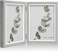 Afuly Marco de fotos de 5 x 7 pulgadas, color gris, doble de madera, con bisagras, 2 aberturas, para escritorio, decoración moderna, regalos únicos para el día de San Valentín, abuelos, familiares y
