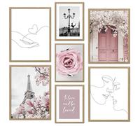 ag.art deco Juego de 7 Cuadros XXL con Marco de Madera | Laminas Decorativas Pared | Posters para Pared | Decoración Mural para Salón y Dormitorio | Decoracion Habitacion (París Rosa)