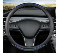 Agarre cómodo Fibra De Carbono + Accesorios Cuero Protector para Volante Coche Embellecedor Antideslizante para Tesla para Modelo 3 2016 2018 2019 2020(BLU)