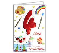 Age MV 69 - 2004 tarjeta cumpleaños feliz 4 años infantil niño Niña diseño payaso regalo pájaro pastel Cupcake pintura pinceles Multicolor