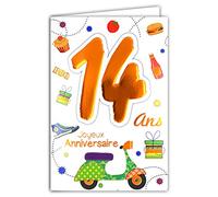 Age MV 69 - 2014 tarjeta cumpleaños feliz 14 años Ados niño Niña diseño Scooter Vespa regalo pastel Cupcake Hamburger Basket