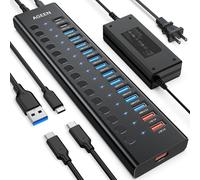AGEEN Hub USB alimentado de 16 puertos - Divisor de datos SuperSpeed de 10 Gbps con 2 puertos USB-C y 11 USB-A, 3 puertos de carga rápida QC 3.0 de 24 W, interruptores de encendido/apagado