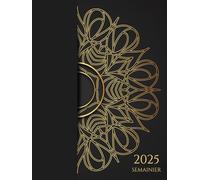 Agenda 2025 Semainier: Mandala noir doré, 1 semaine sur deux pages avec planification mensuelle, Format A4 pour une organisation optimale, Convient a un usage personnel ou professionnel.