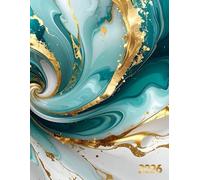 Agenda 2026: Journalier - Grand Format A4 - 365 jours 1 Page Par Jour Avec Horaires - Couverture Marbré élégant Bleu Sarcelle , Blanc et Or