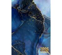 Agenda 2026 Journalier: Organisateur Quotidien A5 Un Jour sur 1 Page avec Heure | 365 jours | Couverture Marbre Bleu Doré Or Gold Luxe
