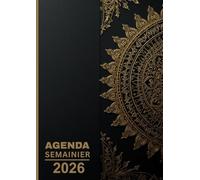 Agenda 2026 Semainier Format A4: 1 semaine sur 2 pages avec heures (8h-20h) et Jours fériés | 12 mois de 01 janvier 2026 à 31 décembre 2026 | Mandala doré, style spirituel et décoratif, fond noir.