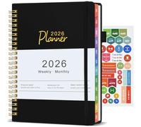 Agenda 2026 Semana Vista, A5 Planificador Semanal en Espiral, Agenda Escolar en 12 Meses de Enero - Diciembre, Weekly Planner con Pegatinas y Clip de Bolígrafo (Negro)