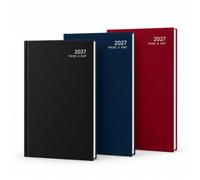 Agenda 2027 A5 DAP con páginas por día, con ranuras horarias, tapa dura de PVC, marcapáginas de cinta, fines de semana de media página, color azul marino o negro, 21 x 14,7 cm, paquete de 1
