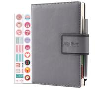 Agenda académica 2025 página por día, agenda de 12 meses de julio de 2025 a junio de 2026, agenda de tapa dura con bolígrafo, soporte para bolígrafos, calcomanías, marcadores (gris 2026)